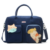 Cute Minimalist Deep Blue Cotton Kawaii Crossbody and Tote Bag Perfect for Casual and Laptop Use Fish-Catching Cat Theme